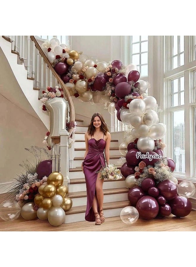 Partycus Dark Purple White Balloon Arch Kit, Double Stuffed Plum Burgundy Pearl White Sand Gold Balloon Garland with Clear Bobo Latex for Birthday Baby Shower Bridal Wedding Anniversary Party Decoration - Image 2