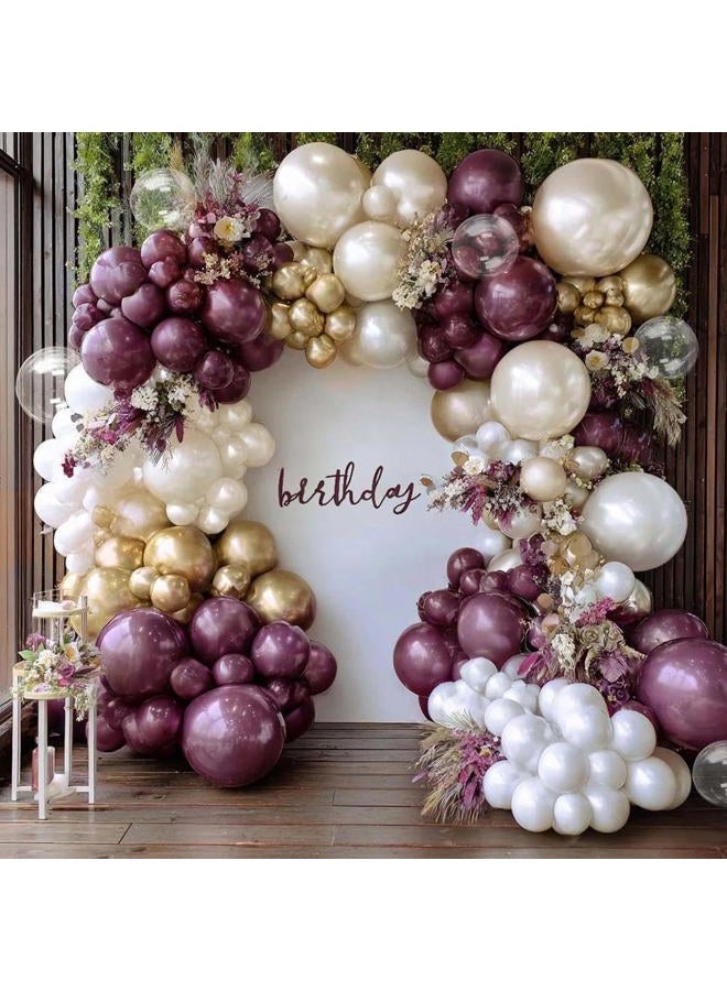 Partycus Dark Purple White Balloon Arch Kit, Double Stuffed Plum Burgundy Pearl White Sand Gold Balloon Garland with Clear Bobo Latex for Birthday Baby Shower Bridal Wedding Anniversary Party Decoration - Image 1