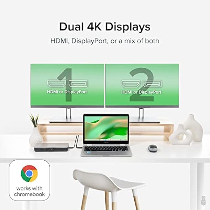 Plugable 12-IN-1 DUAL 4K USB C DOCKING STATION, WORKS WITH CHROMEBOOK CERTIFIED, 60W CHARGING DOCK, COMPATIBLE WITH CHROMEOS AND WINDOWS, 2X HDMI, 2X DISPLAYPORT, 1X ETHERNET, 1X USB-C, 6X USB, AUDIO - Image 3