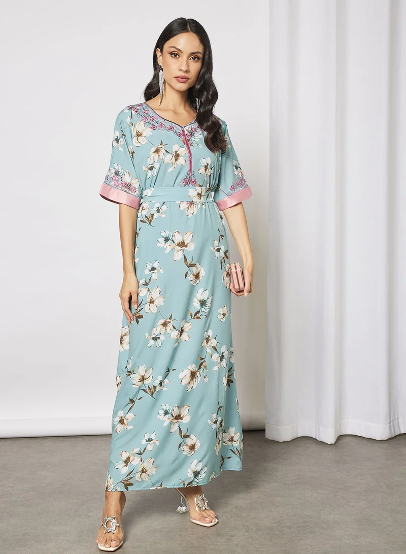 Hayat Floral Jalabiya With Floral Embroidery In Front And Wrist With Belt