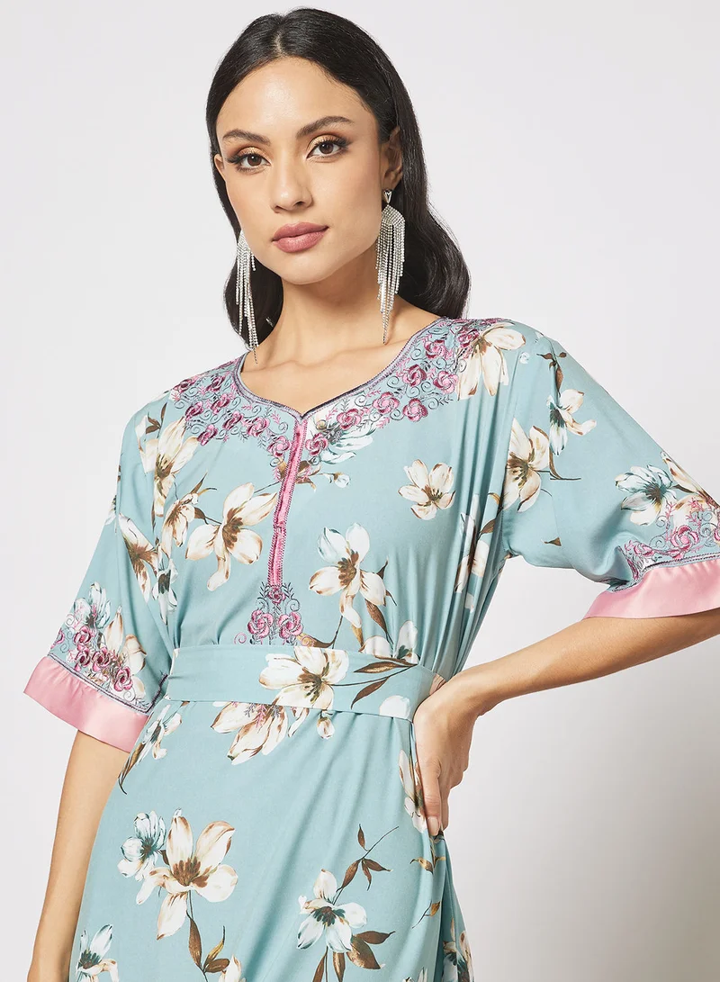 Hayat Floral Jalabiya With Floral Embroidery In Front And Wrist With Belt