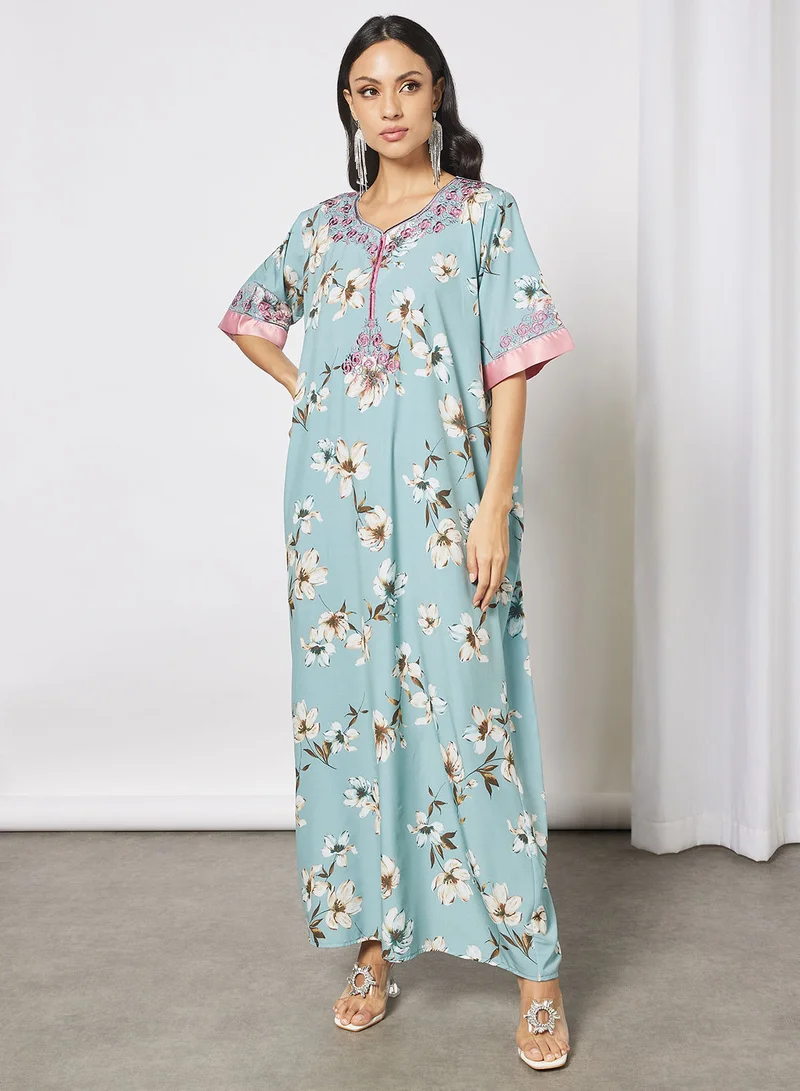 Hayat Floral Jalabiya With Floral Embroidery In Front And Wrist With Belt