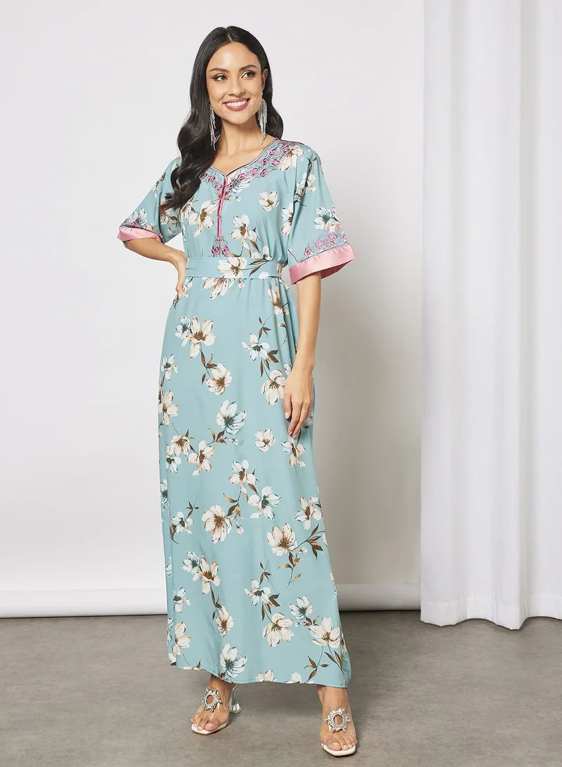 Hayat Floral Jalabiya With Floral Embroidery In Front And Wrist With Belt