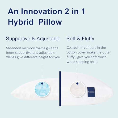 ACCURATEX Hybrid Pillow for Sleeping, Adjustable Shredded Memory Foam Pillow Core with Fluffy Down Alternative Fill Removable Cotton Cover,for Side,Back,Stomach Sleepers,King Size, 1 Pack - Image 2