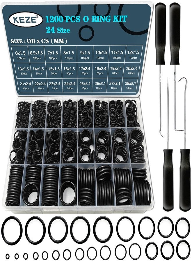 KEZE 1200 PCs 24 Size O Rubber Universal Assortment Kit with Precision Pick and 4 Piece Hook Automatic Vehicle Faucet Hydraulic Set OD: 6mm-28m Oring - Image 1