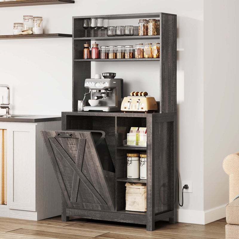 YITAHOME Bakers Rack Microwave Stand with Trash Can Storage Bin Cabinet and Power Outlet 6Tiers Farmhouse Kitchen Tall Thickened Coffee Bar Station with Adjustable Shelf Rustic Oak