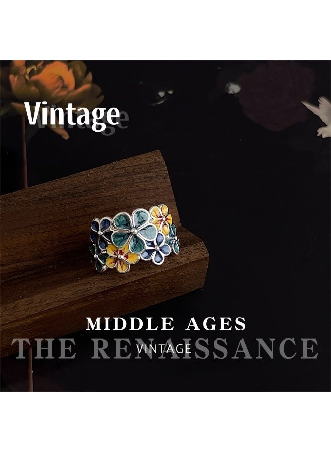 Vintage Artistic Retro Blue Enamel Drip-Patterned Flower Ring | Adjustable Flower Cluster Index Finger Ring - Image 1