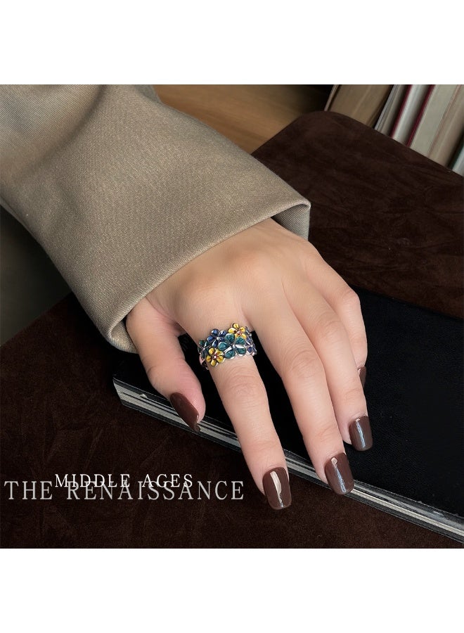 Vintage Artistic Retro Blue Enamel Drip-Patterned Flower Ring | Adjustable Flower Cluster Index Finger Ring - Image 2