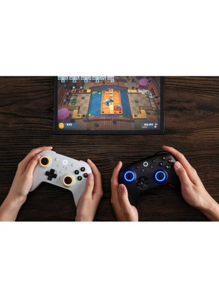 The 8BitDo Ultimate 2 wireless gamepad is compatible with Windows PC, Apple, Steam, and Android. It features TMR joysticks, Hall effect/haptic triggers, motion controls, an RGB fire ring, and a 1000Hz polling rate. It is available in black. - view 5