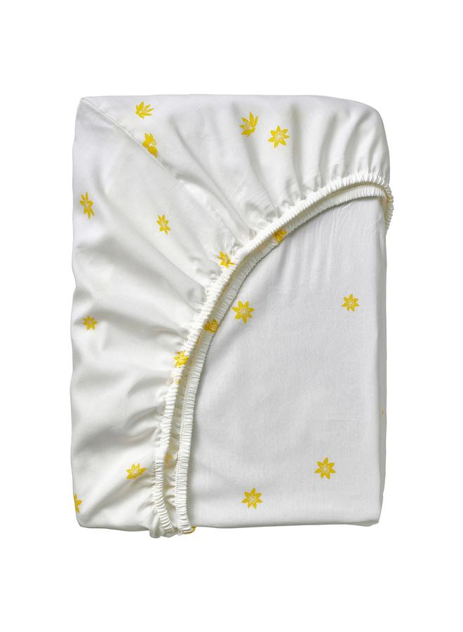 Zaboon Fitted sheet, white yellow/flower pattern, 90x200 cm - Image 1