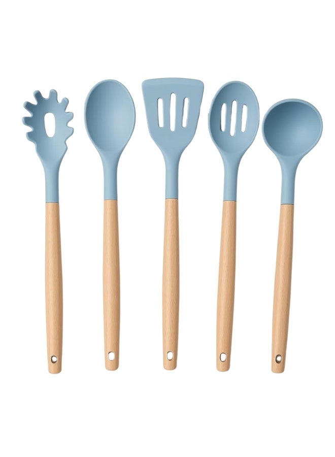 Kitchen Cooking Utensils Set, 5 pcs Non-Stick Silicone Cooking Kitchen Utensils Spatula Set, Wooden Handle Silicone Kitchen Gadgets Utensil Set (Light Blue) - Image 1