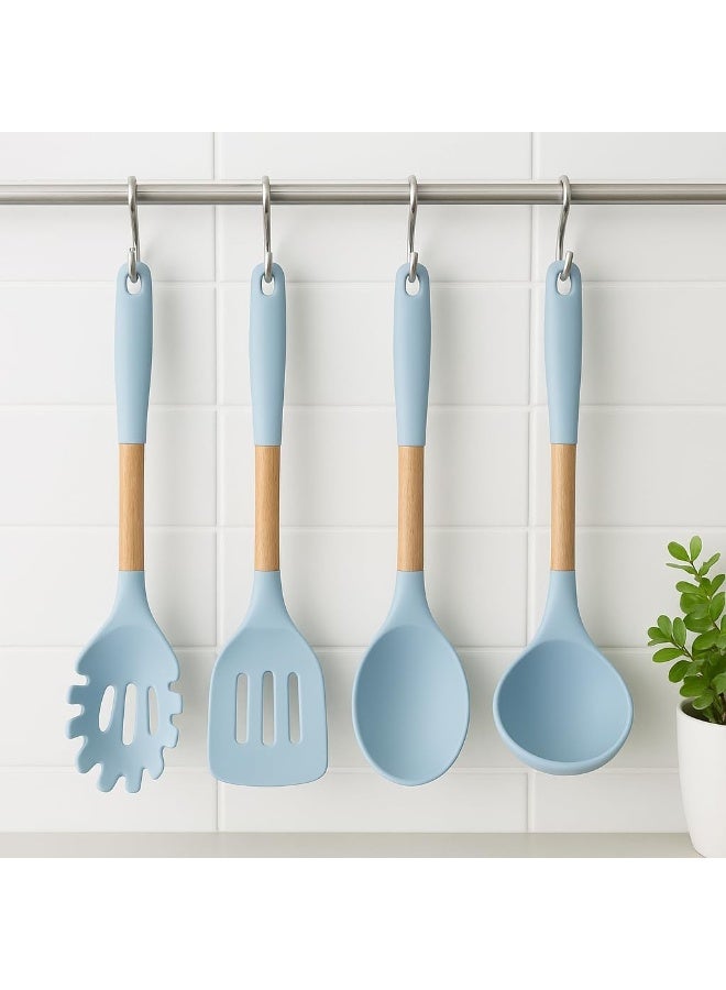 Kitchen Cooking Utensils Set, 5 pcs Non-Stick Silicone Cooking Kitchen Utensils Spatula Set, Wooden Handle Silicone Kitchen Gadgets Utensil Set (Light Blue) - Image 3