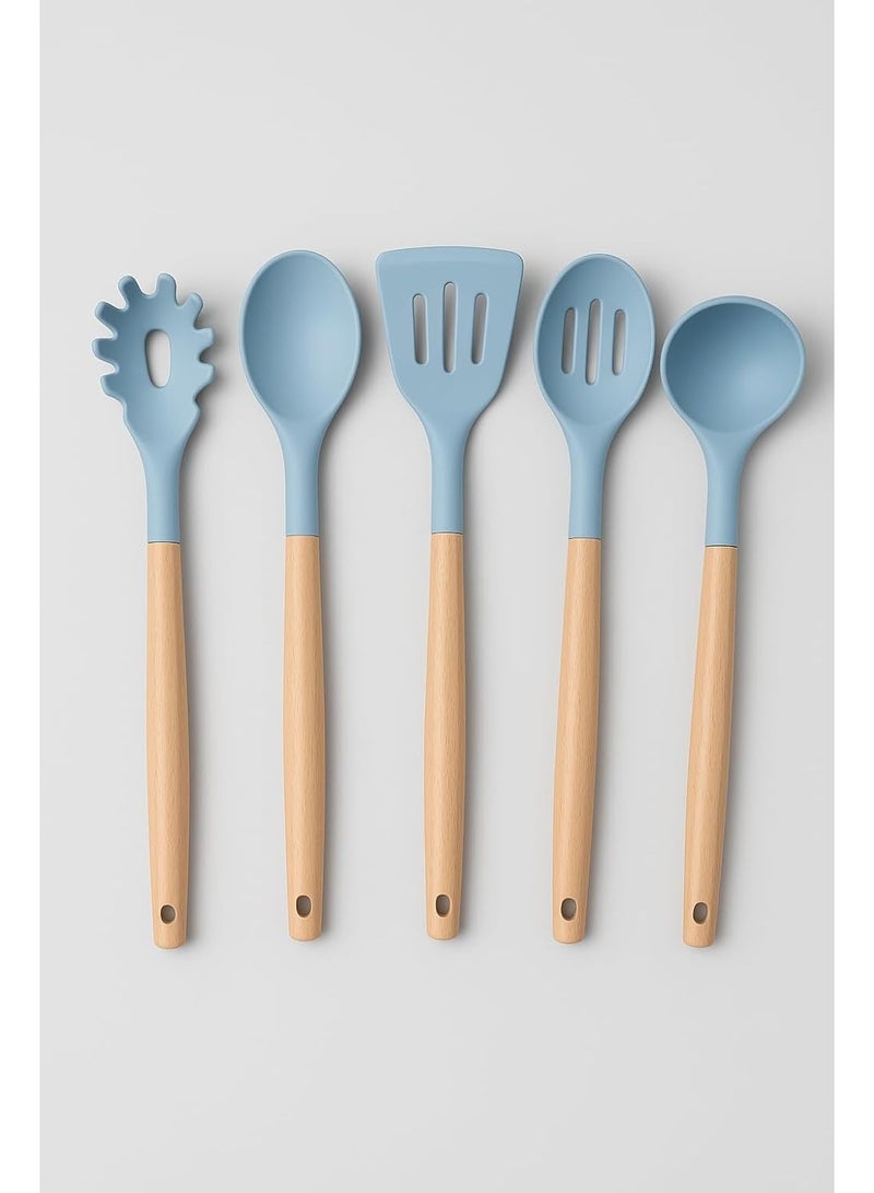 Kitchen Cooking Utensils Set, 5 pcs Non-Stick Silicone Cooking Kitchen Utensils Spatula Set, Wooden Handle Silicone Kitchen Gadgets Utensil Set (Light Blue) - Image 2