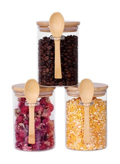 SKY-TOUCH 3Pcs Glass Jars with Bamboo Lids & Spoons : 550ml Airtight Glass Spice Jars Clear Sugar Container Food Storage Containers for Coffee Beans Spice Sugar Tea Nuts Candy Salts  - Image 1