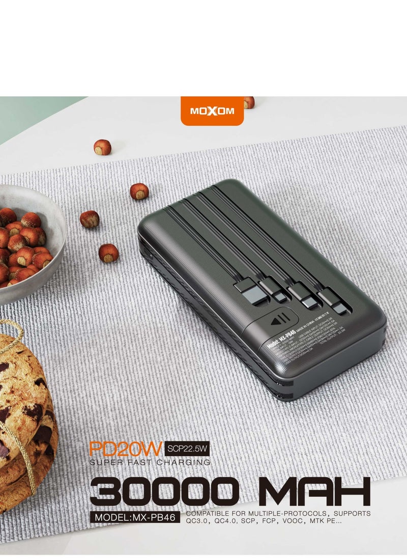 MOXOM - MX-PB46 Power Bank with Built in Cables, 30000 mAh Portable Charger with and LED Display Compatible with iPhone/iPad/Samsung Galaxy and Other Smart Devices - Image 1