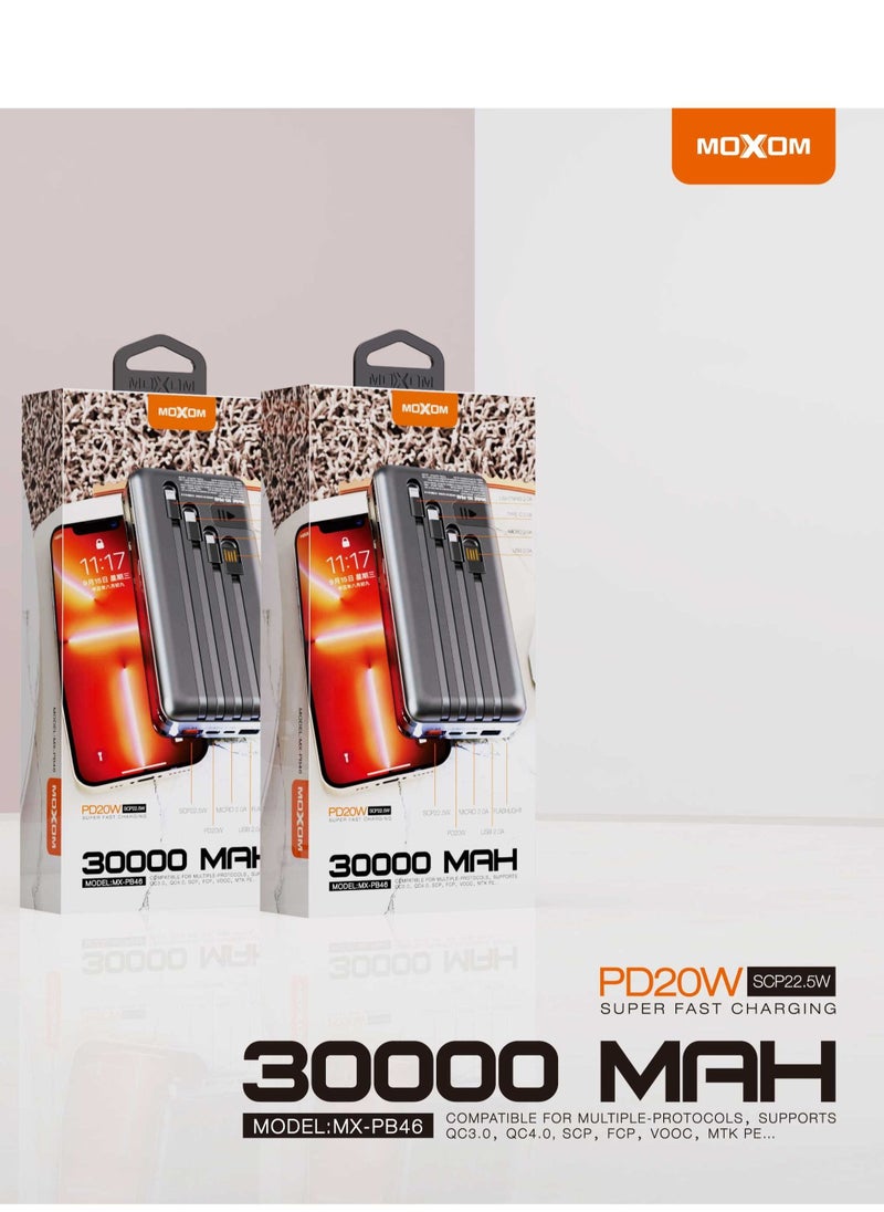 MOXOM - MX-PB46 Power Bank with Built in Cables, 30000 mAh Portable Charger with and LED Display Compatible with iPhone/iPad/Samsung Galaxy and Other Smart Devices - Image 1