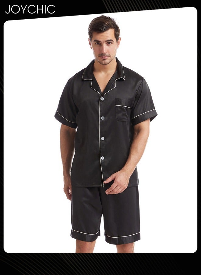 Joychic Solid Color Men's Casual Short-sleeved Pajama Set Summer Comfy Matte Satin Lapels Button Front Home Nightwear Large Size Black - Image 1