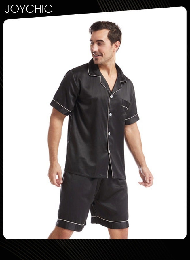 Joychic Solid Color Men's Casual Short-sleeved Pajama Set Summer Comfy Matte Satin Lapels Button Front Home Nightwear Large Size Black - Image 3