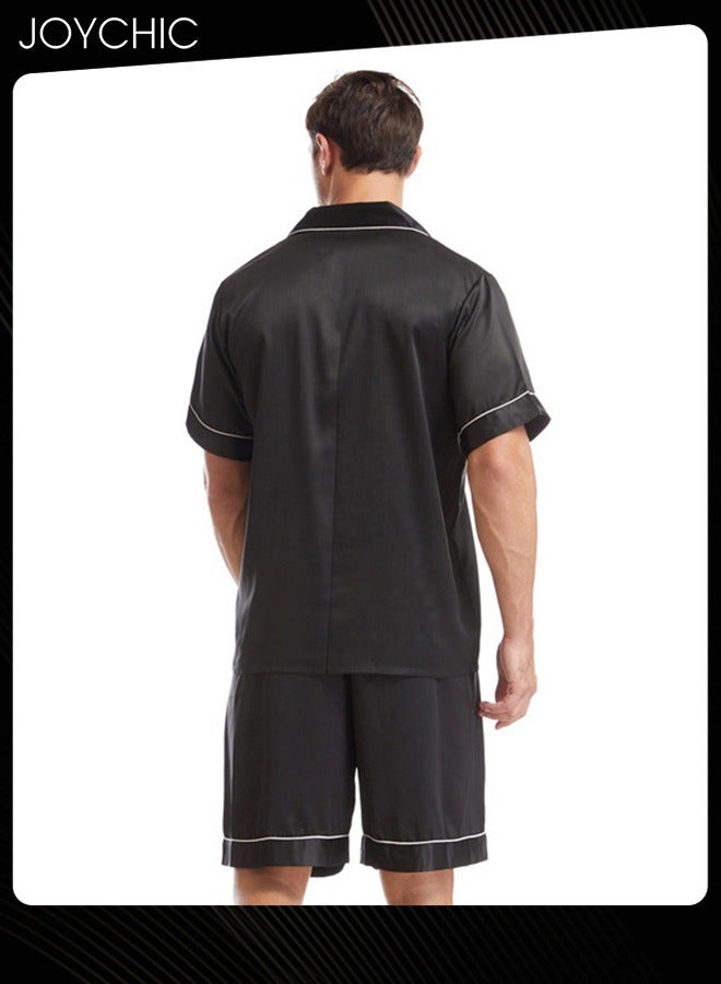 Joychic Solid Color Men's Casual Short-sleeved Pajama Set Summer Comfy Matte Satin Lapels Button Front Home Nightwear Large Size Black - Image 4