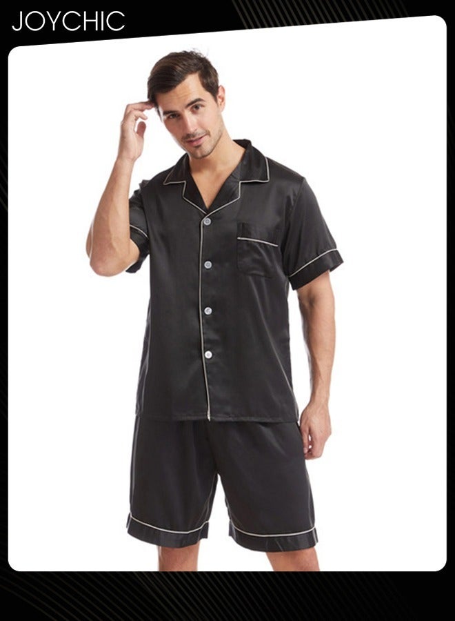 Joychic Solid Color Men's Casual Short-sleeved Pajama Set Summer Comfy Matte Satin Lapels Button Front Home Nightwear Large Size Black - Image 2