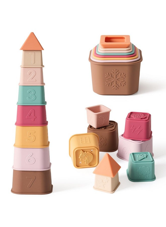 YIVEKO Baby Stacking Cups Toy, Silicone Stacking Tower, Silicone Soft Teething Toy Educational Baby Toys, Building Toys Blocks, 6 Months+, 8 Pcs Set-Vintage - Image 1