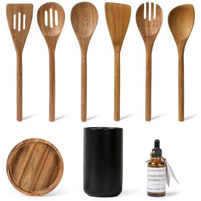 KITCHEN UTENSIL SET 8 PCS WOODEN COOKING UTENSILS SPATULA SET WITH CERAMIC HOLDER BLACK HOLDER