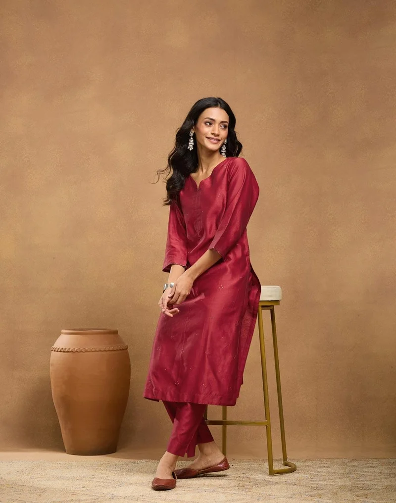 Fabindia Maroon Cotton Silk Embroidered Pant & Kurta Set
