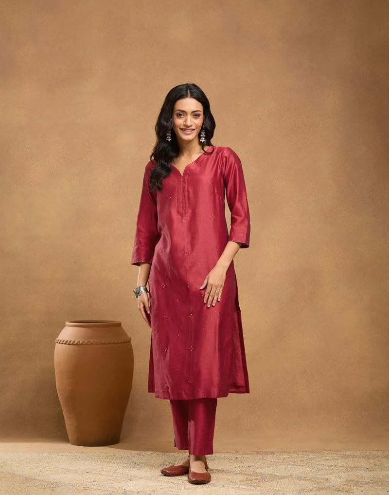 Fabindia Maroon Cotton Silk Embroidered Pant & Kurta Set