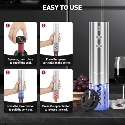 Secura Stainless Steel Electric Wine Opener, Rechargeable Automatic Home Wine Bottle Opener with Foil Cutter & Charging Cable, Reusable Corkscrew Wine Opener Electric for Wine Lovers, Silver - Image 4