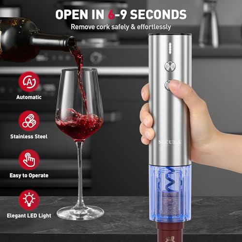 Secura Stainless Steel Electric Wine Opener, Rechargeable Automatic Home Wine Bottle Opener with Foil Cutter & Charging Cable, Reusable Corkscrew Wine Opener Electric for Wine Lovers, Silver - Image 3