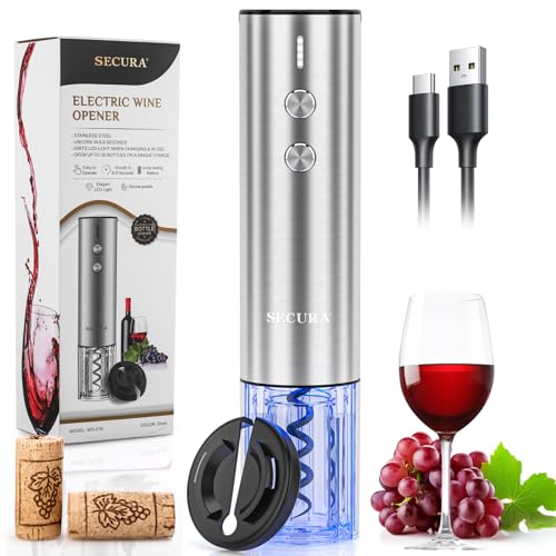 Secura Stainless Steel Electric Wine Opener, Rechargeable Automatic Home Wine Bottle Opener with Foil Cutter & Charging Cable, Reusable Corkscrew Wine Opener Electric for Wine Lovers, Silver - Image 1