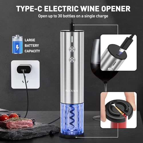Secura Stainless Steel Electric Wine Opener, Rechargeable Automatic Home Wine Bottle Opener with Foil Cutter & Charging Cable, Reusable Corkscrew Wine Opener Electric for Wine Lovers, Silver - Image 2