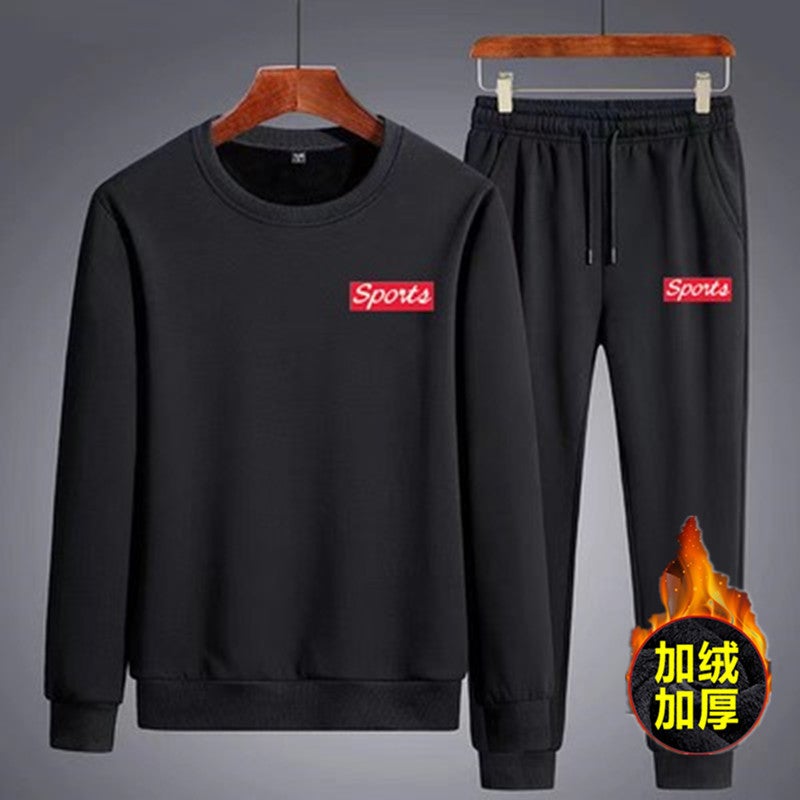 Mens Casual Sports Suit 2023 Autumn Long Sleeve Round Neck Sweatshirt Set sp black suit fleece-lined