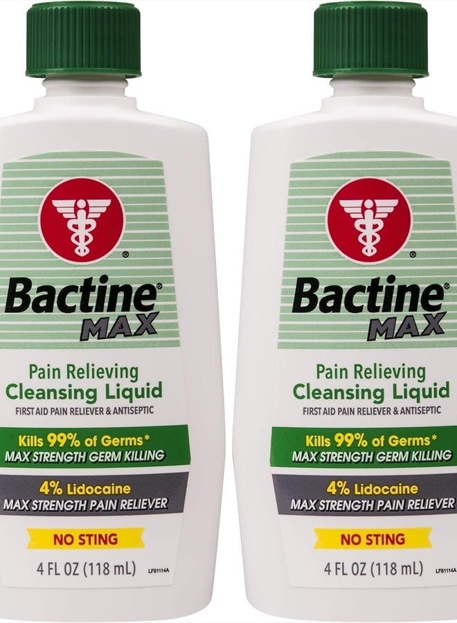 Bactine Max Pain Relieving Cleansing Liquid with Lidocaine, First Aid Pain + Itch Relief, Kills 99% of Germs*, 4oz 2 Pack - Image 1