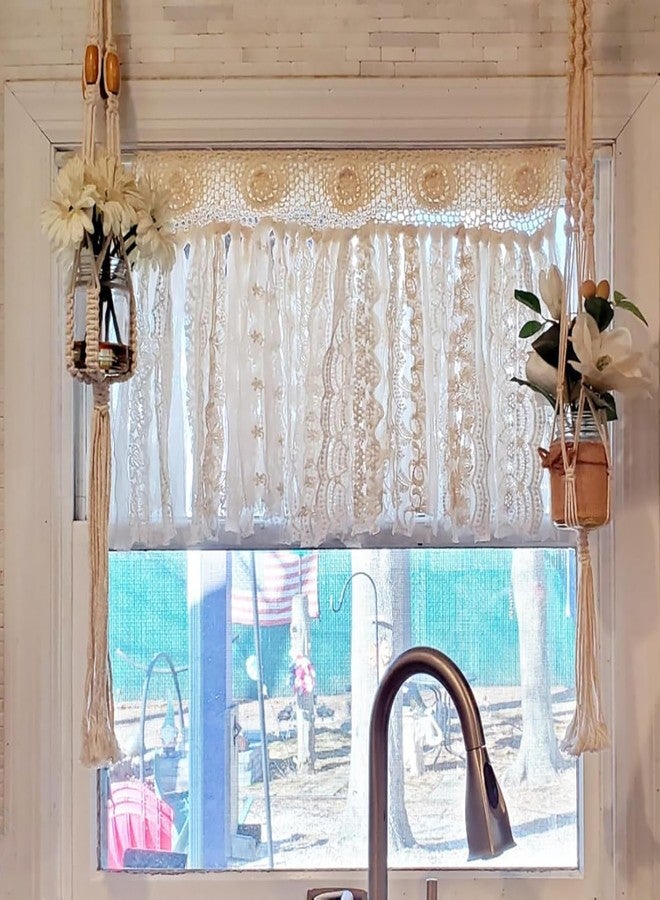 YJ YANJUN Boho Kitchen Curtains Short Shabby Chic Lace curtain for Bedroom Handmade Cotton Crochet Lace Kitchen Valance Country Cottage Cafe Curtain 16 inch Long Bohemian Wedding Decor 30x16 Inch,Cream - Image 2