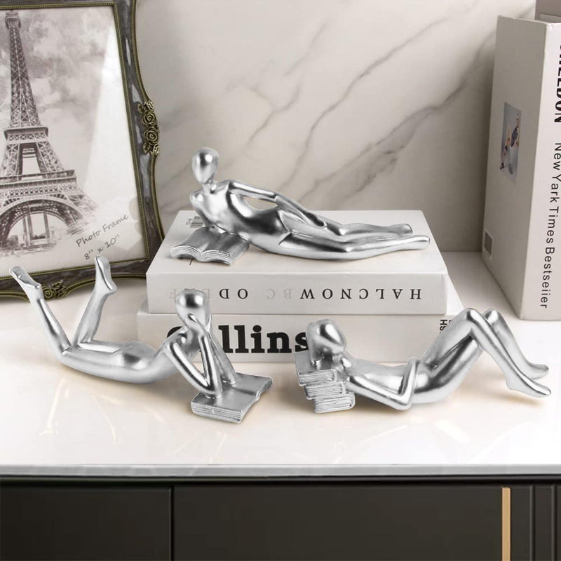 RIRPUAE Silver Home Decor Thinker Reading Women Statue for Living Room, Modern Shelf Decor Accent Decorations, Resin Collectible Figurines Display for Office Bedroom Table Desk,Silver - Image 1