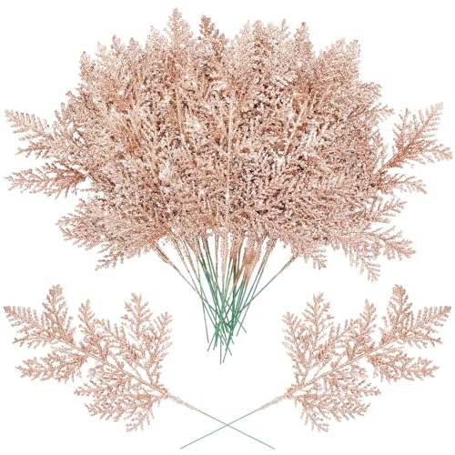 Cindeer 100 Pcs Christmas Tree Picks Sprays 102 Inch Glitter Artificial Pine Leaves Cedar Stem Faux Pine Needles Greenery Cedar Branches Ornament for Home Garland Wreath Winter DecorRose Gold - Image 1
