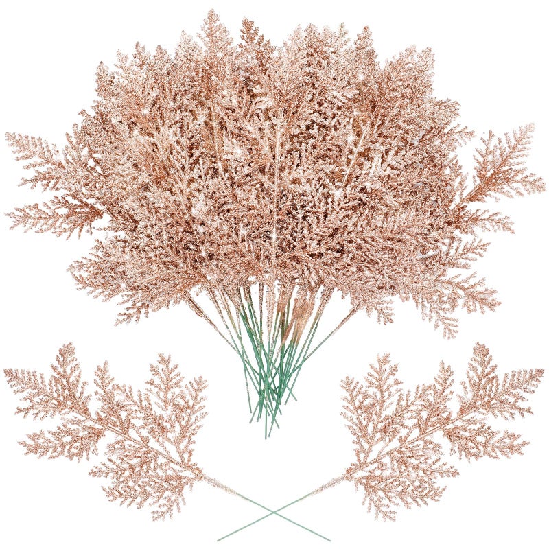 Cindeer 100 Pcs Christmas Tree Picks Sprays 102 Inch Glitter Artificial Pine Leaves Cedar Stem Faux Pine Needles Greenery Cedar Branches Ornament for Home Garland Wreath Winter DecorRose Gold - Image 2