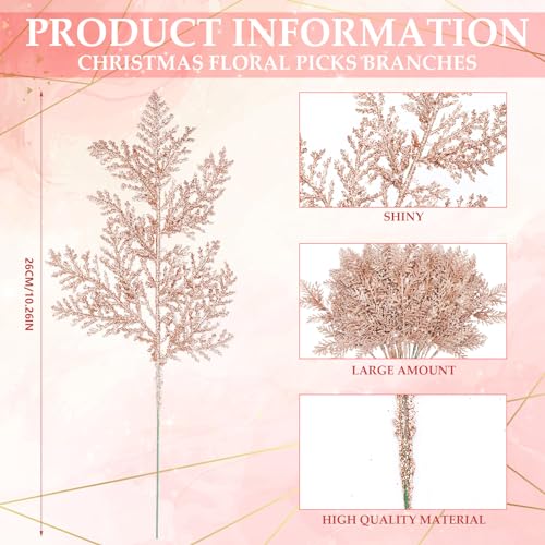 Cindeer 100 Pcs Christmas Tree Picks Sprays 102 Inch Glitter Artificial Pine Leaves Cedar Stem Faux Pine Needles Greenery Cedar Branches Ornament for Home Garland Wreath Winter DecorRose Gold - Image 3