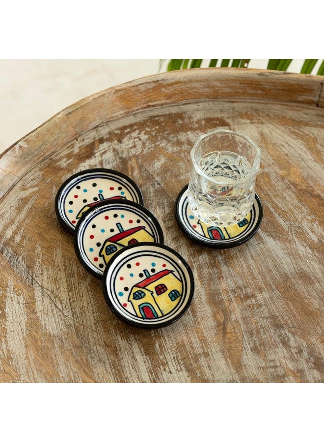 ExclusiveLane ExclusiveLane 'The Hut' Decorative Ceramic Coasters for Cups (Set of 4) | Handpainted Tea Coasters for Dining Table, Hot Pots, Office, and Hot Vessels - Image 1