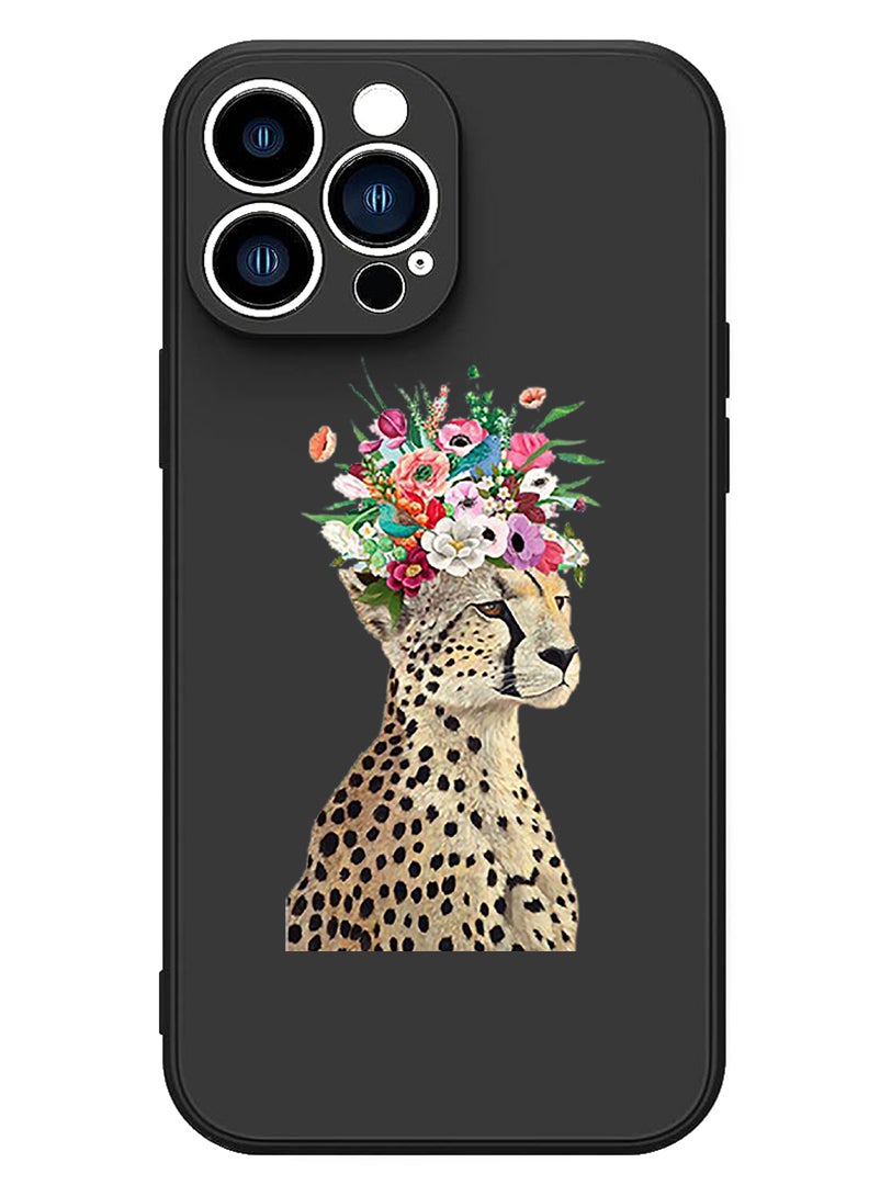 Theodor Protective Slim Fit Case Liquid Silicone Cover with Full Body Protection Anti-Scratch Shockproof Case For iPhone 15 Pro Black - Cheetah Flower - Image 1