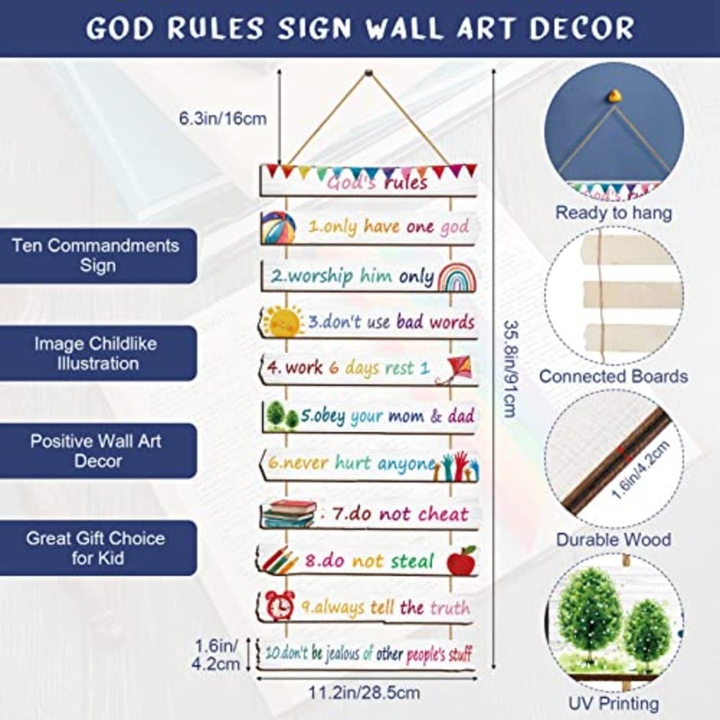 God Rules Sign Wall Decor 11 Pieces Wooden Hanging Wall Art Inspirational Religious Art Wall Decors Ten Commandments for Bedroom Classroom Playroom Decor Christian Gift - Image 2