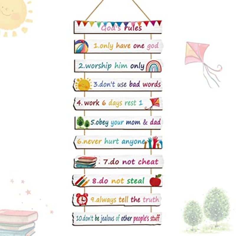 God Rules Sign Wall Decor 11 Pieces Wooden Hanging Wall Art Inspirational Religious Art Wall Decors Ten Commandments for Bedroom Classroom Playroom Decor Christian Gift - Image 1