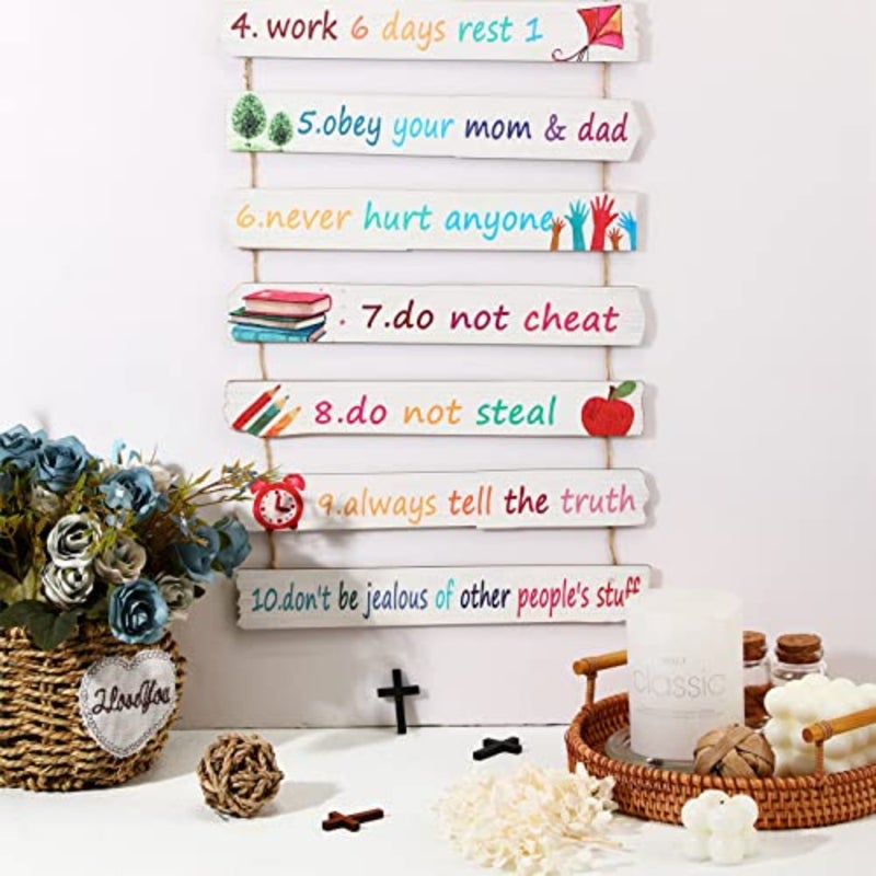 God Rules Sign Wall Decor 11 Pieces Wooden Hanging Wall Art Inspirational Religious Art Wall Decors Ten Commandments for Bedroom Classroom Playroom Decor Christian Gift - Image 5