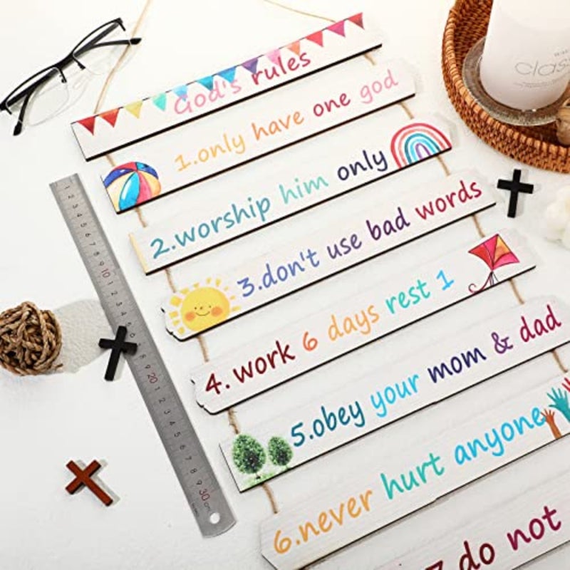 God Rules Sign Wall Decor 11 Pieces Wooden Hanging Wall Art Inspirational Religious Art Wall Decors Ten Commandments for Bedroom Classroom Playroom Decor Christian Gift - Image 3