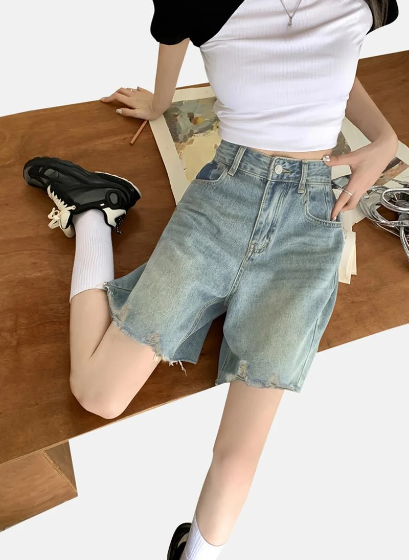 يونيكي Blue Solid Denim Shorts