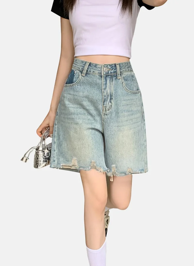 يونيكي Blue Solid Denim Shorts