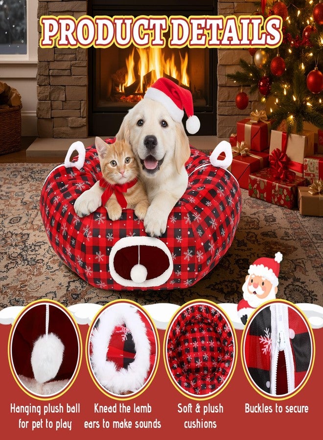Arrowbash نفق سرير قطط من آروباش، مقاس 90 سم × 90 سم × 25 سم، يُوضع تحت شجرة عيد الميلاد، بتصميم ندفة الثلج ونقشة الجاموس، مع كهف مزين بكرات معلقة، مثالي لتزيين شجرة عيد الميلاد. - Image 3
