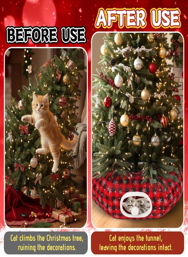 Arrowbash نفق سرير قطط من آروباش، مقاس 90 سم × 90 سم × 25 سم، يُوضع تحت شجرة عيد الميلاد، بتصميم ندفة الثلج ونقشة الجاموس، مع كهف مزين بكرات معلقة، مثالي لتزيين شجرة عيد الميلاد. - Image 5