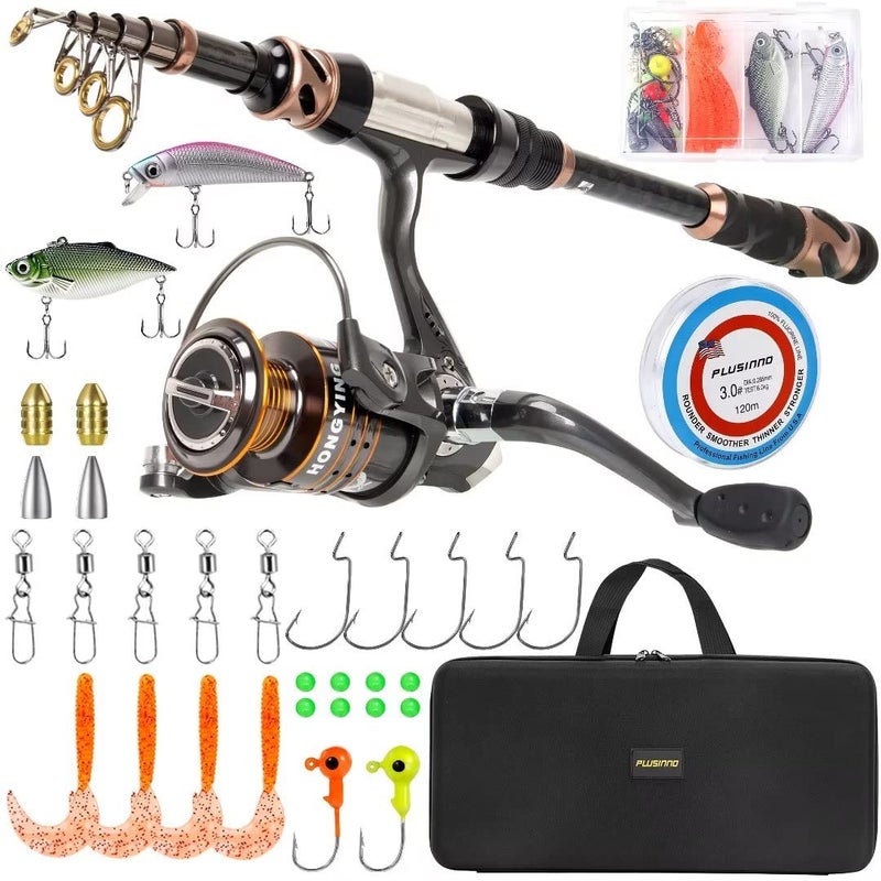 PLUSINNO Fishing Rod and Reel Combos 24 Ton Carbon Fiber Telescopic Fishing Pole Spinning Reel 12 1 Shielded Bearings Stainless Steel BBFree Carrier Bag Case Travel Saltwater Freshwater Fishing